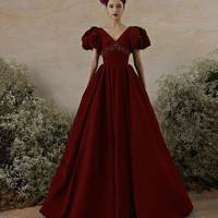 Burgundy velvet long prom dress evening gown - Thumbnail 1