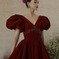Burgundy velvet long prom dress evening gown - Thumbnail 2