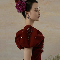 Burgundy velvet long prom dress evening gown - Thumbnail 3