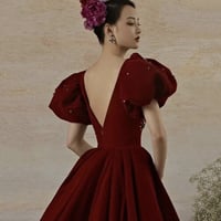 Burgundy velvet long prom dress evening gown - Thumbnail 4