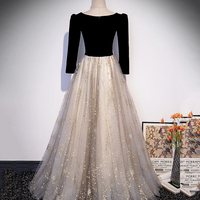 Black velvet tulle long prom dress A line evening gown - Thumbnail 3