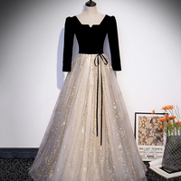 Black velvet tulle long prom dress A line evening gown - Thumbnail 5