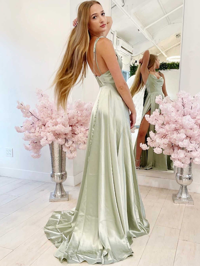 Sage Green Cowl Neck Straps Prom Dresses with Slit