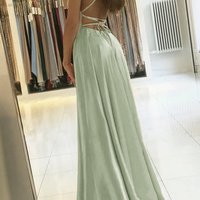 Cute A Line Sage Green Straps Silk Satin Long Prom Dress with Pockets - Thumbnail 1