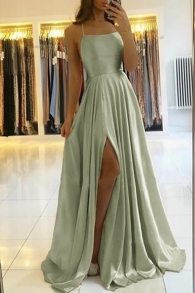Cute A Line Sage Green Straps Silk Satin Long Prom Dress with Pockets