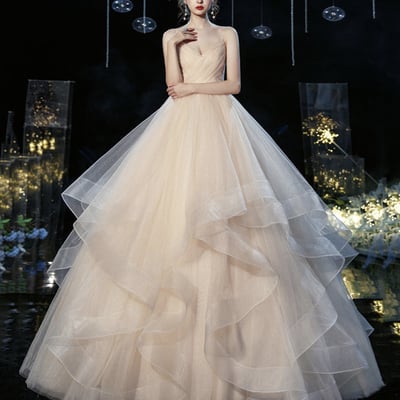 Champagne tulle long prom dress a line evening gown - Thumbnail 4