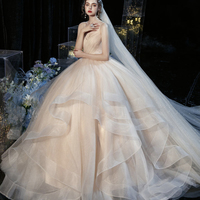 Champagne tulle long prom dress A line evening gown - Thumbnail 1