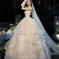 Champagne tulle long prom dress A line evening gown - Thumbnail 2