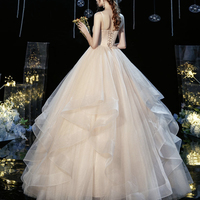 Champagne tulle long prom dress A line evening gown - Thumbnail 4