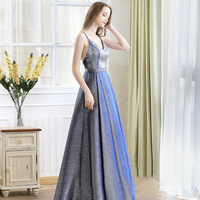 Blue satin long A line prom dress blue evening dress - Thumbnail 2