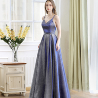 Blue satin long A line prom dress blue evening dress - Thumbnail 3
