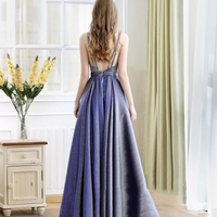 Blue satin long A line prom dress blue evening dress - Thumbnail 4