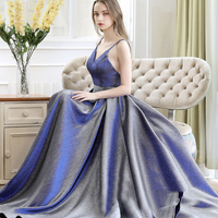 Blue satin long A line prom dress blue evening dress - Thumbnail 5