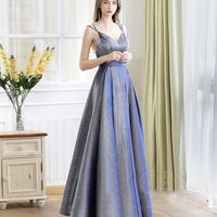 Blue satin long A line prom dress blue evening dress - Thumbnail 7