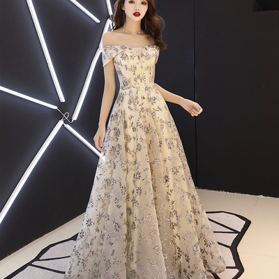 Champagne tulle sequins long prom dress evening gown - Thumbnail 1