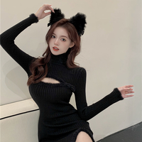 Sexy Faux Fur Front Open Long Sleeves Slim Dress - Thumbnail 7