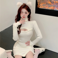 Sexy Faux Fur Front Open Long Sleeves Slim Dress - Thumbnail 4