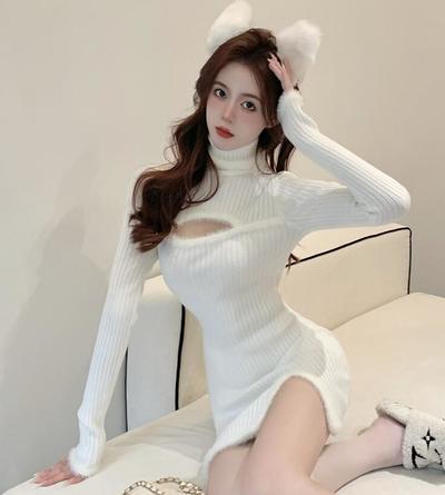 Sexy Faux Fur Front Open Long Sleeves Slim Dress