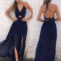 SP1572,Navy blue chiffon prom dress,spaghetti straps long evening party dresses - Thumbnail 1