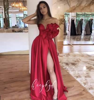 Red V Neck Prom Dresses Slit Side
