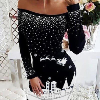 Long sleeve one-shoulder sexy print dress