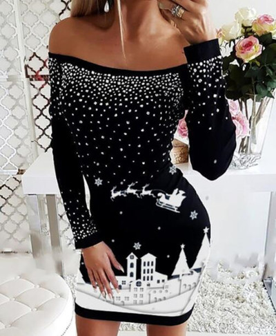 Long Sleeve One-Shoulder Sexy Print Dress