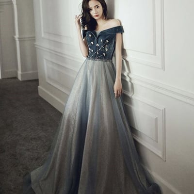 Blue velvet tulle long prom dress evening gown - Thumbnail 1