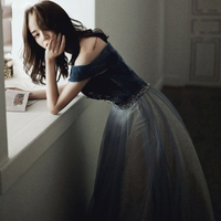 Blue velvet tulle long prom dress evening gown - Thumbnail 3