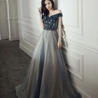 Blue velvet tulle long prom dress evening gown - Thumbnail 5