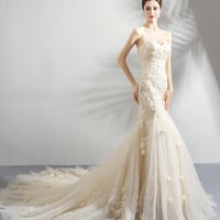 Champagne lace long prom dress mermaid evening dress - Thumbnail 1