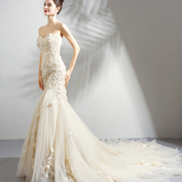 Champagne lace long prom dress mermaid evening dress - Thumbnail 2