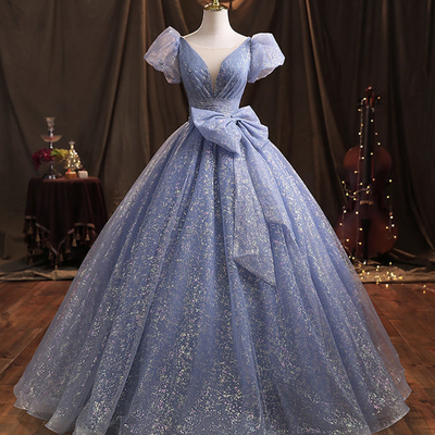 Blue tulle long prom dress a line evening gown - Thumbnail 3