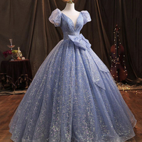 Blue tulle long prom dress A line evening gown - Thumbnail 3