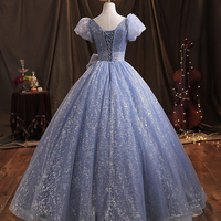 Blue tulle long prom dress A line evening gown - Thumbnail 4