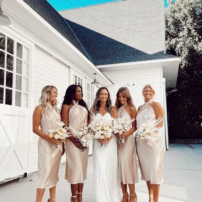 Stunning sheath halter champagne silk satin bridesmaid dress