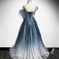 Blue tulle sequins long prom dress blue evening dress - Thumbnail 2