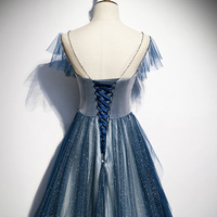 Blue tulle sequins long prom dress blue evening dress - Thumbnail 5