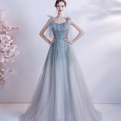 Cute tulle sequins long prom dress a line evening gown - Thumbnail 2