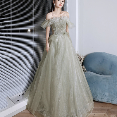 Green tulle sequins long prom dress a line evening dress - Thumbnail 3