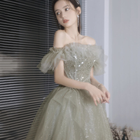 Green tulle sequins long prom dress A line evening dress - Thumbnail 1