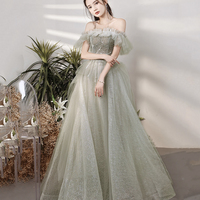 Green tulle sequins long prom dress A line evening dress - Thumbnail 3