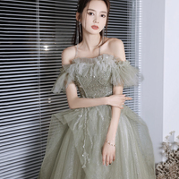 Green tulle sequins long prom dress A line evening dress - Thumbnail 2