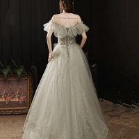 Green tulle sequins long prom dress A line evening dress - Thumbnail 4