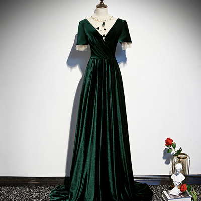 Green velvet long a line prom dress evening dress - Thumbnail 3