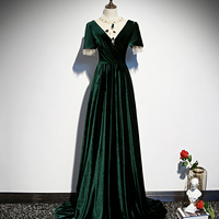 Green velvet long A line prom dress evening dress - Thumbnail 3