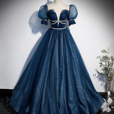 Blue tulle sequins long prom dress blue evening gown - Thumbnail 3