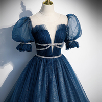 Blue tulle sequins long prom dress blue evening gown - Thumbnail 1