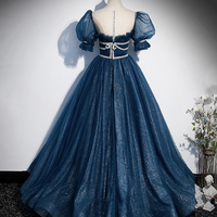 Blue tulle sequins long prom dress blue evening gown - Thumbnail 4