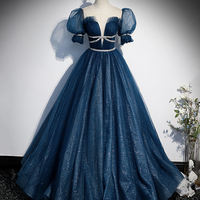 Blue tulle sequins long prom dress blue evening gown - Thumbnail 5