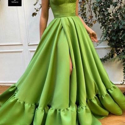 New a-line sweetheart green satin long prom evening dresses with split,formal party dresses，696 - Thumbnail 3